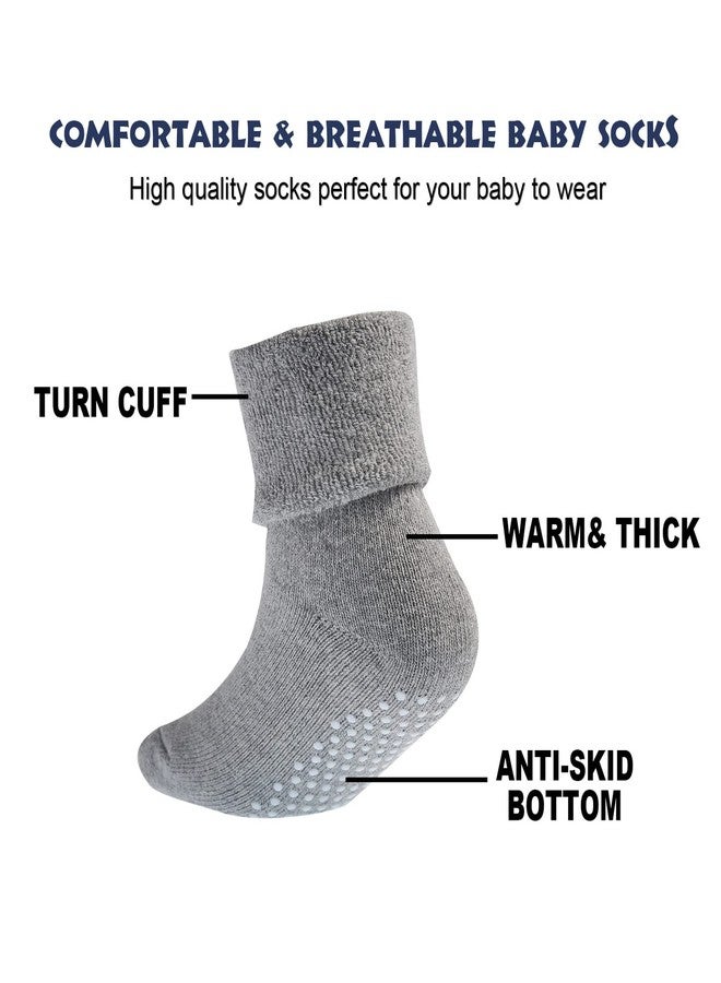 EPEIUS Baby Thick Warm Turn Cuff Socks - Toddler Non-slip Soft Cotton Crew With Grips for Kids Boys Girls - Black White Grey 6 Pack (Size M) - Image 2