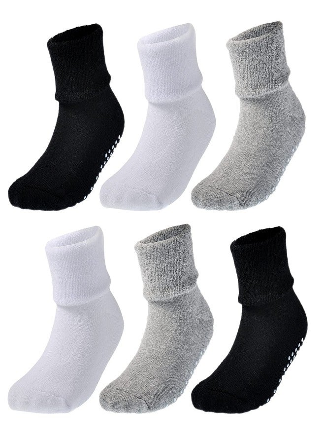 EPEIUS Baby Thick Warm Turn Cuff Socks - Toddler Non-slip Soft Cotton Crew With Grips for Kids Boys Girls - Black White Grey 6 Pack (Size M) - Image 1