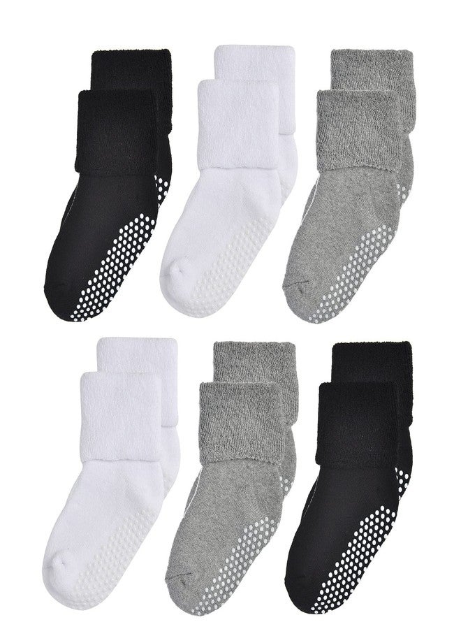 EPEIUS Baby Thick Warm Turn Cuff Socks - Toddler Non-slip Soft Cotton Crew With Grips for Kids Boys Girls - Black White Grey 6 Pack (Size M) - Image 5