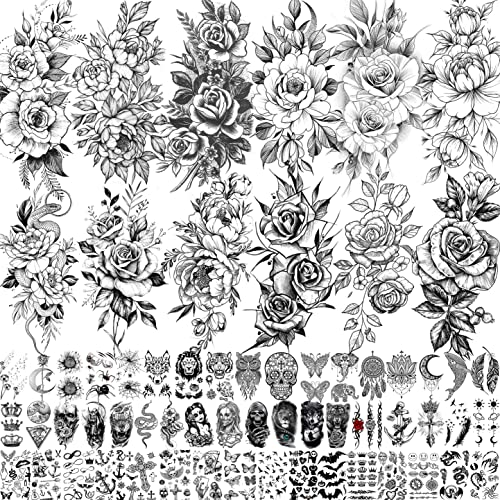 VANTATY 63 Sheets Realistic Black Rose Peony Flower Temporary Tattoos for Women Adults Body Art Arm, Snake Fake Floral Sketch Sleeve Tattoo Sticker - Image 1