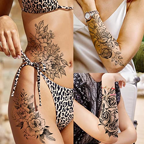 VANTATY 63 Sheets Realistic Black Rose Peony Flower Temporary Tattoos for Women Adults Body Art Arm, Snake Fake Floral Sketch Sleeve Tattoo Sticker - Image 3