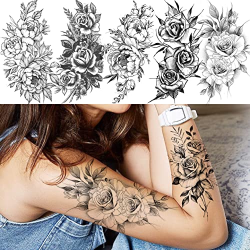 VANTATY 63 Sheets Realistic Black Rose Peony Flower Temporary Tattoos for Women Adults Body Art Arm, Snake Fake Floral Sketch Sleeve Tattoo Sticker - Image 4