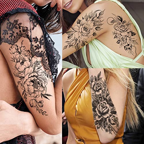 VANTATY 63 Sheets Realistic Black Rose Peony Flower Temporary Tattoos for Women Adults Body Art Arm, Snake Fake Floral Sketch Sleeve Tattoo Sticker - Image 2