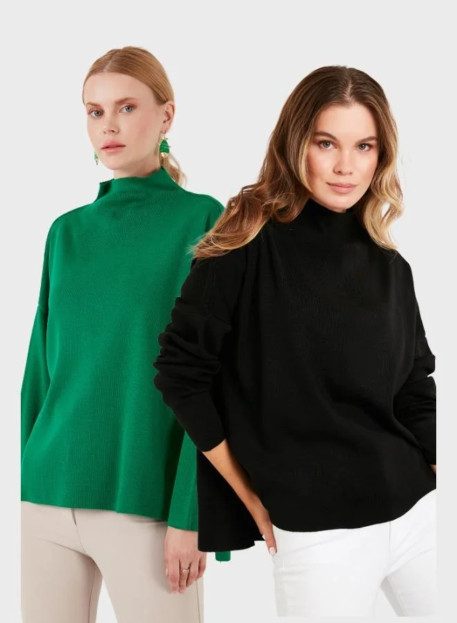 ليلا ليلا سويتر نسائي قطن بياقة واقفة وظهر طويل عبوة من قطعتين