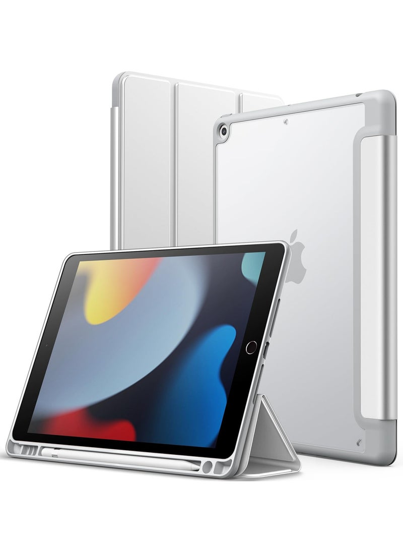 جي تيك حافظة غير لامعة لجهاز iPad 9 مقاس 10.2 بوصة الجيل التاسع مع حامل قلم رصاص وظهر شفاف بلوري وغطاء حماية للكمبيوتر اللوحي باللون الفضي - Image 1