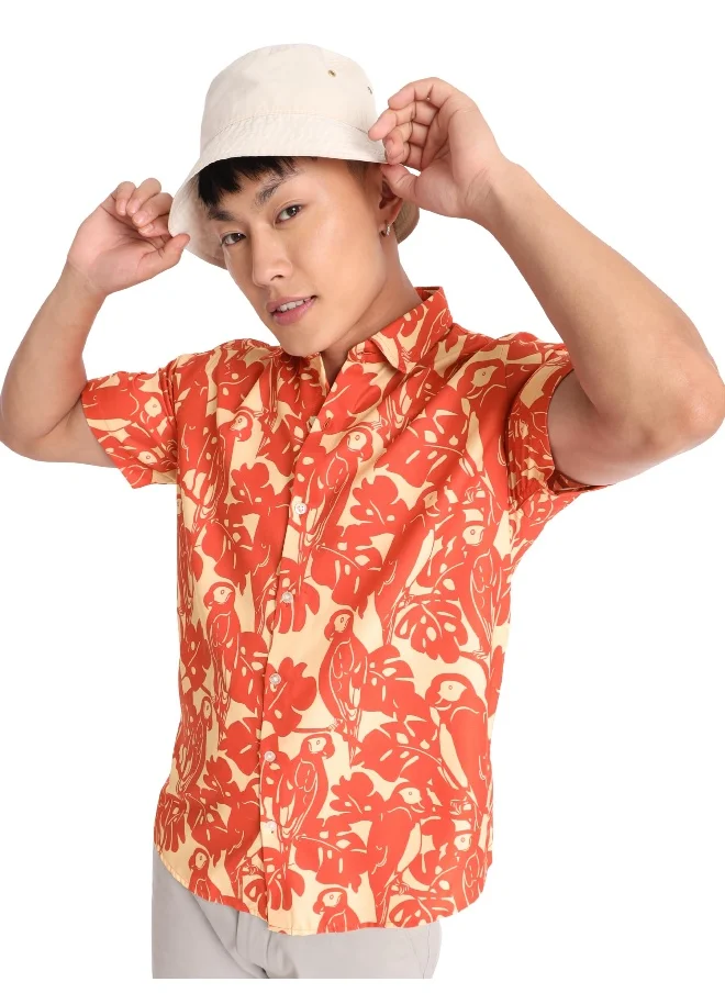 Beyoung Half Sleeve Parrot Hawaiian Shirt for Men Green