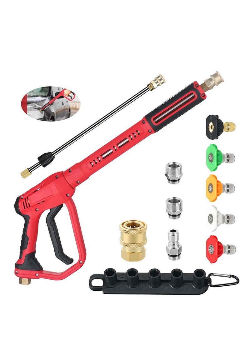Pressure Washer Gun with Replacement Wand Extension Adjustible High Power 3/8'' Swivel Quick Connect M22 14mm/M22 15mm Fitting 5 Nozzle Tips Holder (4000 PSI/Red) - Image 1