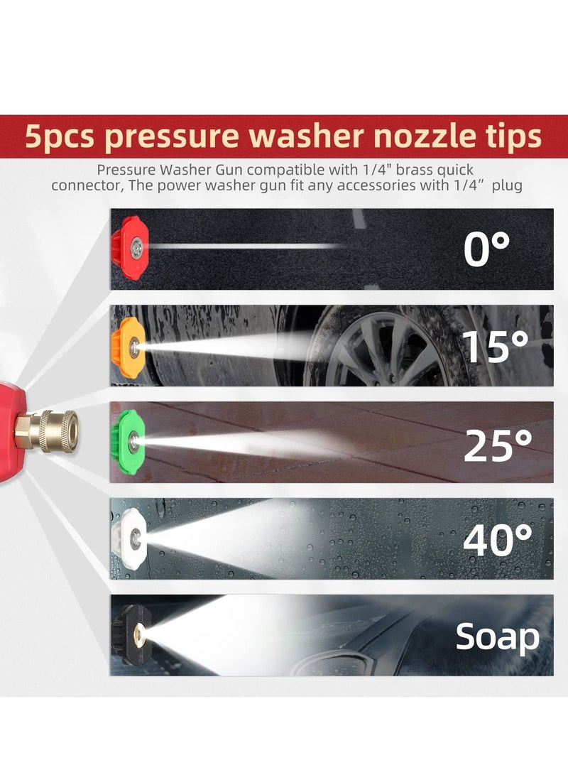 Pressure Washer Gun with Replacement Wand Extension Adjustible High Power 3/8'' Swivel Quick Connect M22 14mm/M22 15mm Fitting 5 Nozzle Tips Holder (4000 PSI/Red) - Image 5