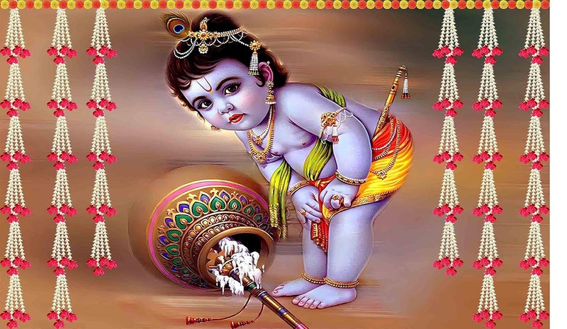 Backdropon Shree Bal Krishnaji Design Backdrop Backdrop Cloth for Pooja Decoration Traditional/Background Curtain Cloth for Pooja/Festival Size 5 Feet Height and 8 Feet Width(5 * 8) - Image 1