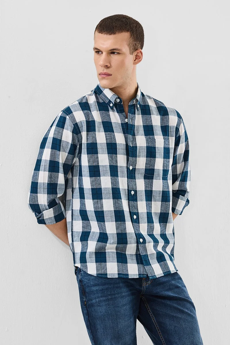 سنيتش Blue Checkered Long Sleeve Regular Fit Shirt