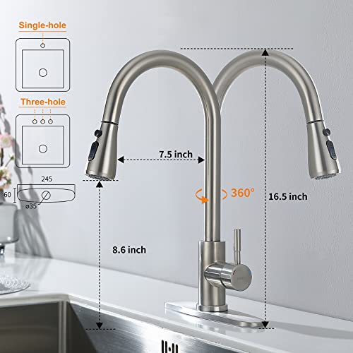 Keer Brush Nickel Single Handle Pull Down Kitchen Faucet with Soap Dispenser, 3 Modes Sprayer, Easy Assembly, Single Handle High Arc Stainless Steel Faucet - Image 3