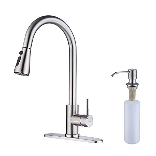 Keer Brush Nickel Single Handle Pull Down Kitchen Faucet with Soap Dispenser, 3 Modes Sprayer, Easy Assembly, Single Handle High Arc Stainless Steel Faucet - Image 1