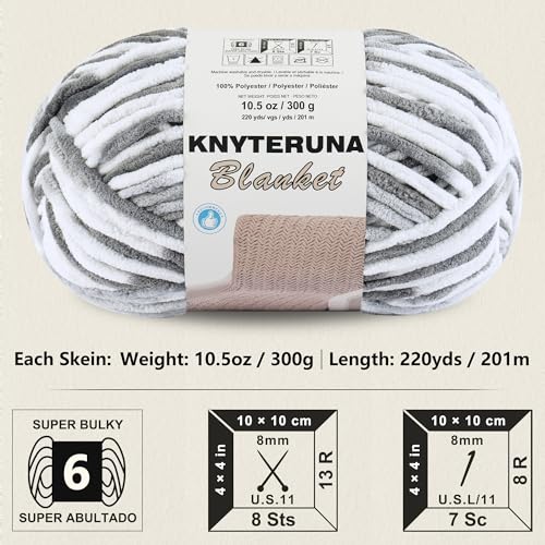 Knyteruna #6 Super Bulky Blanket Yarn for Crocheting - 4 Skeins(Each 10.5oz/300g, 220yds/201m), Chunky Chenille Thick Plush Big Soft Yarn for Crocheting Knitting Blankets, Multi Grey & White - Image 2