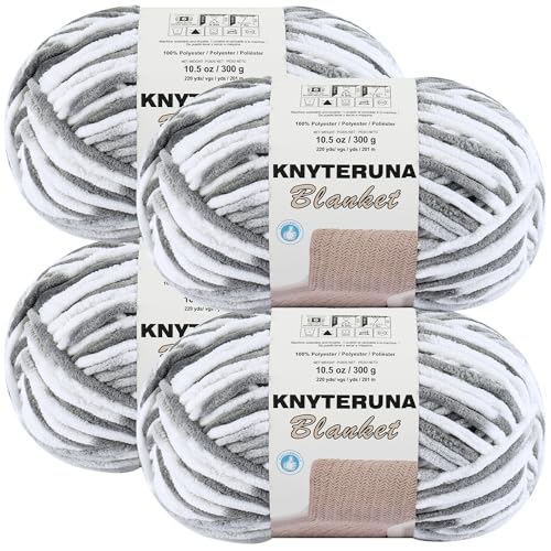 Knyteruna #6 Super Bulky Blanket Yarn for Crocheting - 4 Skeins(Each 10.5oz/300g, 220yds/201m), Chunky Chenille Thick Plush Big Soft Yarn for Crocheting Knitting Blankets, Multi Grey & White - Image 1