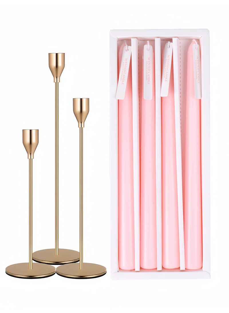 3-Piece Golden Metal Candle Holder Set with 4 Pink Rose Scented Candles, Elegant Home Decor - Image 1