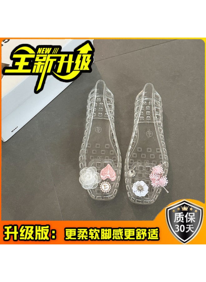 Versatile Casual Hollow Sequin Flower Square-toe Sandals Summer Fashion Jelly Shoes Clogs Flat Shallow Mouth Single Shoes