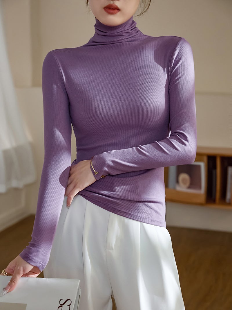 High Elastic Threaded Cotton Turtleneck Bottoming Shirt Women's Long-Sleeved T-Shirt 2025 Autumn and Winter Wear with Slim Fit Right Shoulder Top - Image 2