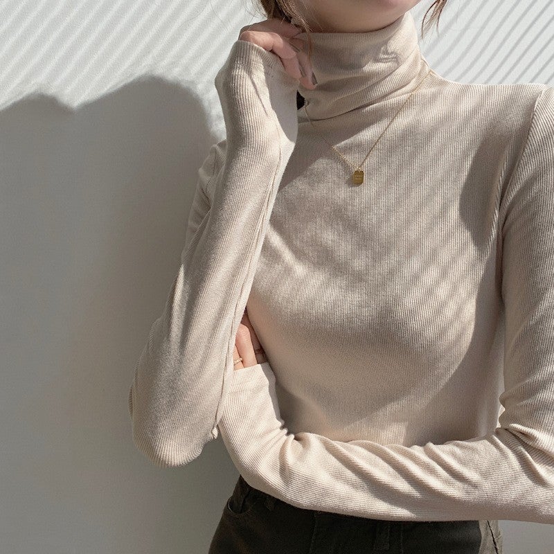 High Elastic Threaded Cotton Turtleneck Bottoming Shirt Women's Long-Sleeved T-Shirt 2025 Autumn and Winter Wear with Slim Fit Right Shoulder Top - Image 1