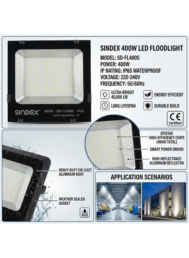 كشاف إضاءة LED عالي الطاقة بقدرة 400 واط - يعمل بجهد 220-240 فولت تيار متردد، إضاءة بيضاء نقية 6500 كلفن، كشاف إضاءة متوسط ​​المدى، مصنوع من الألومنيوم، موفر للطاقة، تصميم عصري، مقاوم للعوامل الجوية بمعيار IP65، عمر افتراضي يصل إلى 30000 ساعة. - Image 4