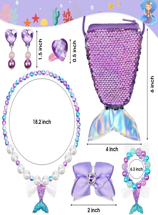 MTLEE 6 Pcs Mermaid Jewelry for Girls, Halloween Mermaid Jewelry for Kids Pretend Play Costume Accessories Necklace Bracelet Purse Ring Bow Hair Clip Earrings Christmas Dress up Party Decorations - Image 3