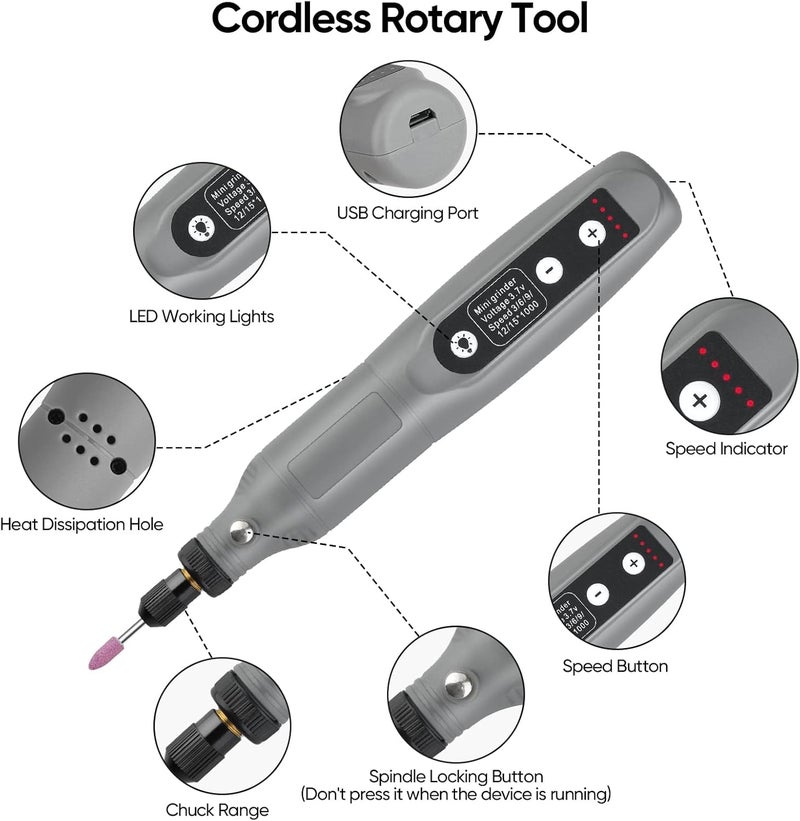 MAKINGTEC Rotary Tool Kit, Cordless 5-Speed Variable and USB Charging Cable Mini Power Rotary Tools, 3.7V with 45pcs Accessories for Cutting, Drilling, Sanding, Engraving, Polishing & DIY Crafts (Grey) - Image 2