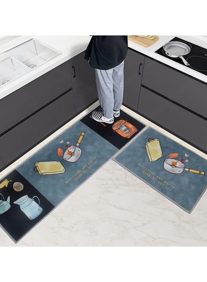 2-Piece Geometric Pattern Kitchen Rugs Mats，40*60cm+40*120cm, Non-Slip Waterproof Kitchen Rug, Premium PVC Comfort Kitchen Mats and Rugs for Kitchen, Office, Home, Laundry - Image 1