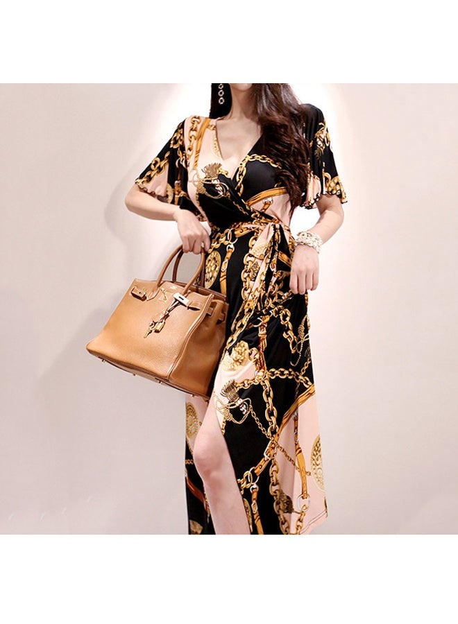 NIBEMINENT Spring and Summer  European and American Women's Clothing Print Dress TemperamentGold Necklace Lace-up - Image 1
