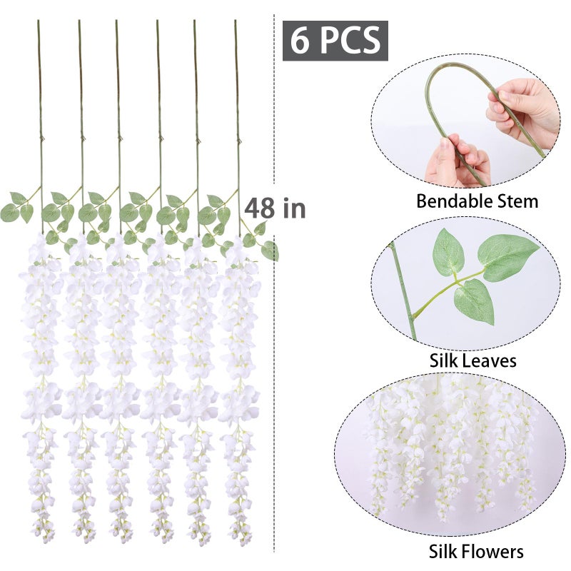 mizii 6Pcs White Wisteria Hanging Flowers 48" Silk Wisteria Artificial Flowers Garland Vines Fake Hanging Flowers Decoration for Wedding Flower Wall Backdrop Centerpieces Party Room Decor (White) - Image 2