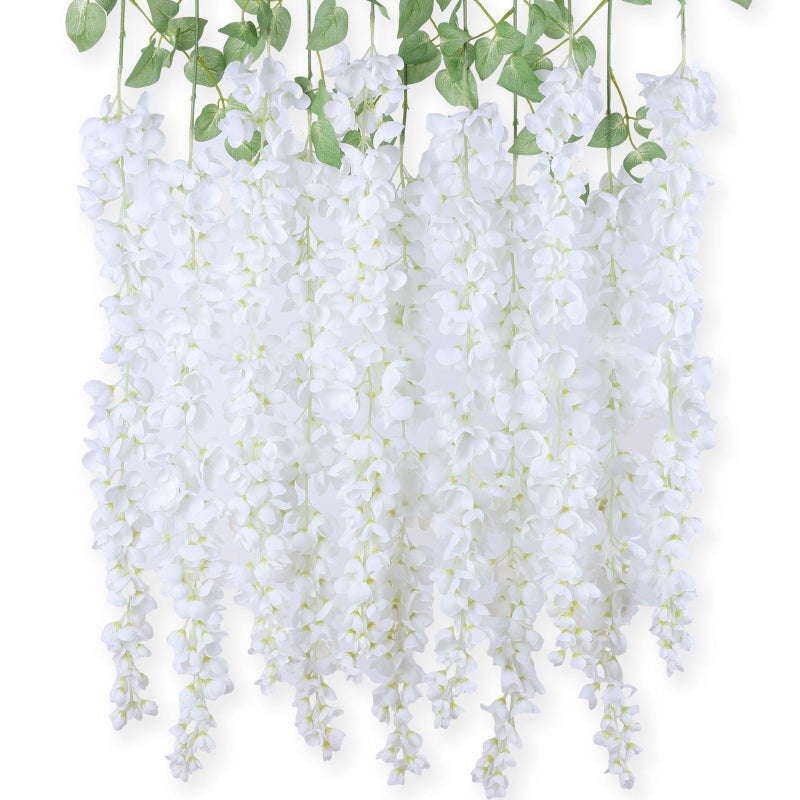 mizii 6Pcs White Wisteria Hanging Flowers 48" Silk Wisteria Artificial Flowers Garland Vines Fake Hanging Flowers Decoration for Wedding Flower Wall Backdrop Centerpieces Party Room Decor (White) - Image 1