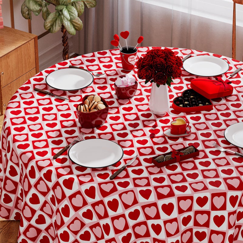 Siilues Round Valentines Tablecloth 70x70 Inch, Washable Red Pink Love Heart Valentines Day Tablecloth Round Waterproof Scalloped Edge Dining Table Cloth Sweet Home Party Decorations - Image 3