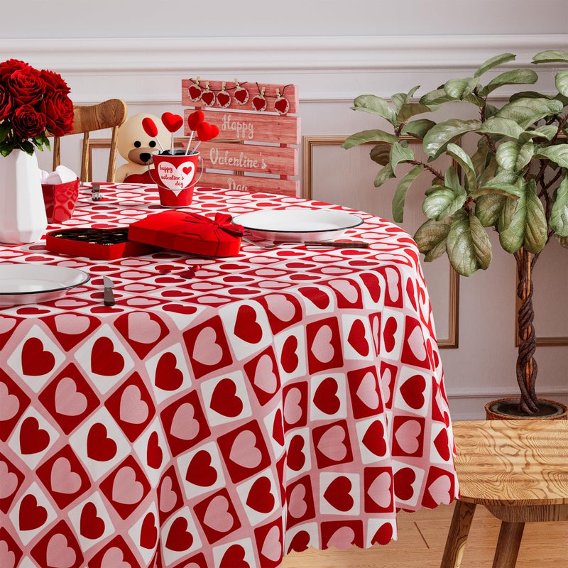 Siilues Round Valentines Tablecloth 70x70 Inch, Washable Red Pink Love Heart Valentines Day Tablecloth Round Waterproof Scalloped Edge Dining Table Cloth Sweet Home Party Decorations - Image 2