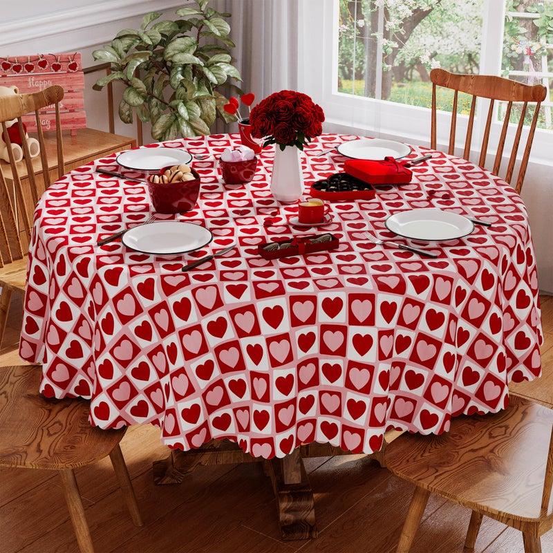 Siilues Round Valentines Tablecloth 70x70 Inch, Washable Red Pink Love Heart Valentines Day Tablecloth Round Waterproof Scalloped Edge Dining Table Cloth Sweet Home Party Decorations - Image 1
