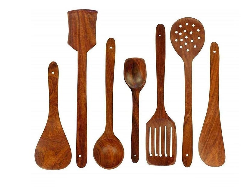Moon Star Wooden Serving and Cooking Spoons Wood Brown Spoons Kitchen Utensil (Set of-7) - Image 3