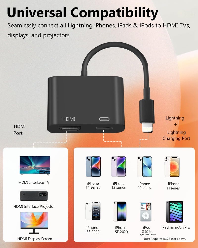 محول Lightning إلى HDTV لأجهزة iPhone، [معتمد من Apple MFi] دونجل AV رقمي، كابل شاشة متزامن بدقة 1080 بكسل مع منفذ شحن Lightning لأجهزة iPhone وiPad إلى التلفزيون/جهاز العرض/الشاشة (لا يحتاج إلى مصدر طاقة) - Image 1
