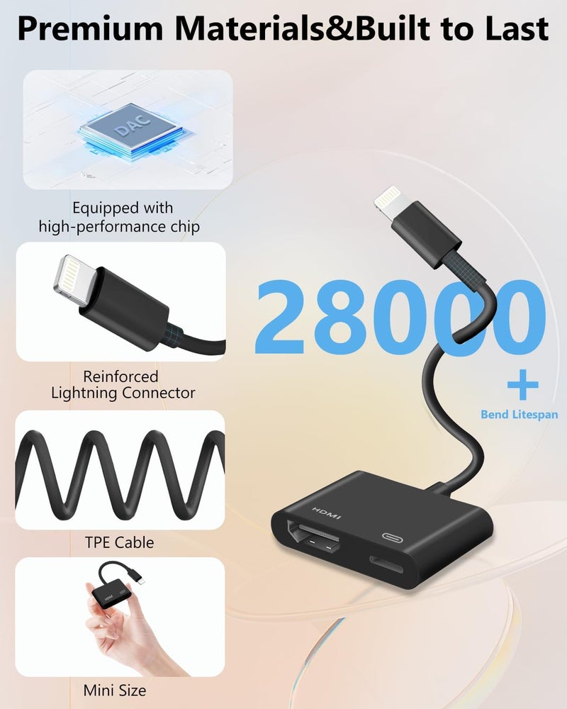 محول Lightning إلى HDTV لأجهزة iPhone، [معتمد من Apple MFi] دونجل AV رقمي، كابل شاشة متزامن بدقة 1080 بكسل مع منفذ شحن Lightning لأجهزة iPhone وiPad إلى التلفزيون/جهاز العرض/الشاشة (لا يحتاج إلى مصدر طاقة) - Image 5