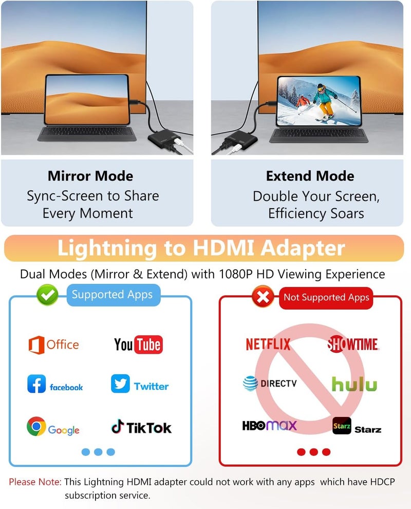 محول Lightning إلى HDTV لأجهزة iPhone، [معتمد من Apple MFi] دونجل AV رقمي، كابل شاشة متزامن بدقة 1080 بكسل مع منفذ شحن Lightning لأجهزة iPhone وiPad إلى التلفزيون/جهاز العرض/الشاشة (لا يحتاج إلى مصدر طاقة) - Image 2