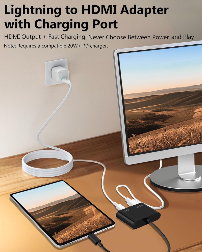 محول Lightning إلى HDTV لأجهزة iPhone، [معتمد من Apple MFi] دونجل AV رقمي، كابل شاشة متزامن بدقة 1080 بكسل مع منفذ شحن Lightning لأجهزة iPhone وiPad إلى التلفزيون/جهاز العرض/الشاشة (لا يحتاج إلى مصدر طاقة) - Image 4
