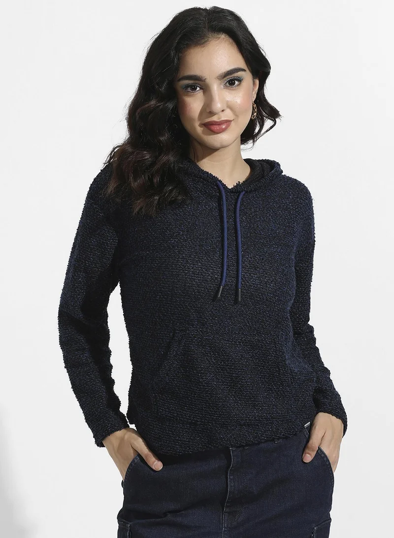 كامبوس سوترا كنزة نسائية محبوكة بنقوش وياقة بغطاء رأس وأكمام مضلعة طويلة وفتحة سحب وحافة مستقيمة مضلعة من مزيج القطن جاكار بلون كحلي للاستخدام اليومي والكاجوال