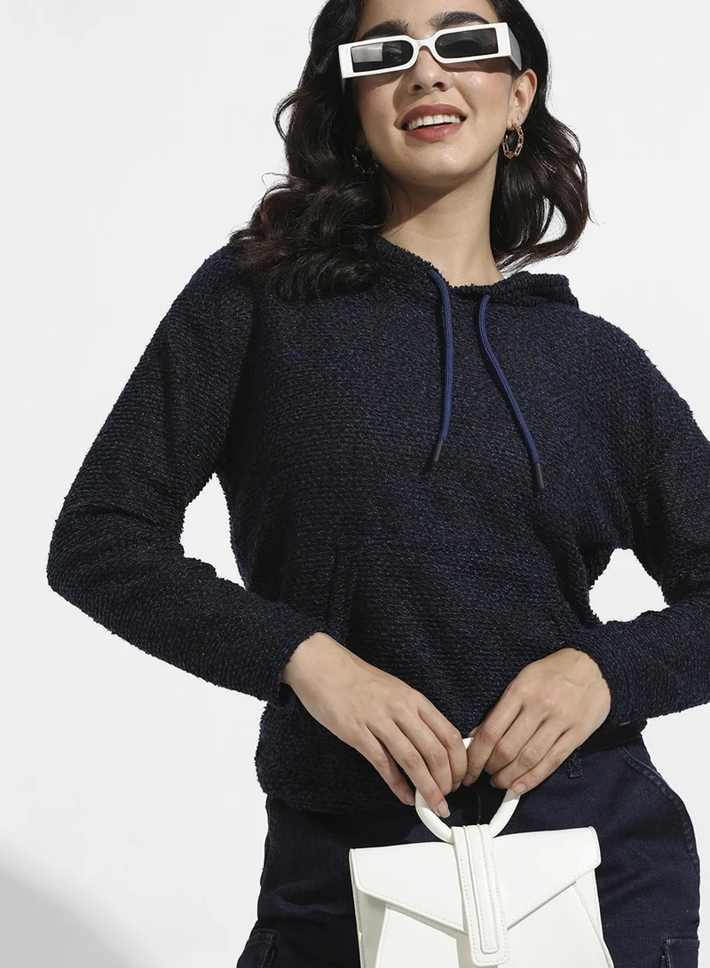 كامبوس سوترا كنزة نسائية محبوكة بنقوش وياقة بغطاء رأس وأكمام مضلعة طويلة وفتحة سحب وحافة مستقيمة مضلعة من مزيج القطن جاكار بلون كحلي للاستخدام اليومي والكاجوال