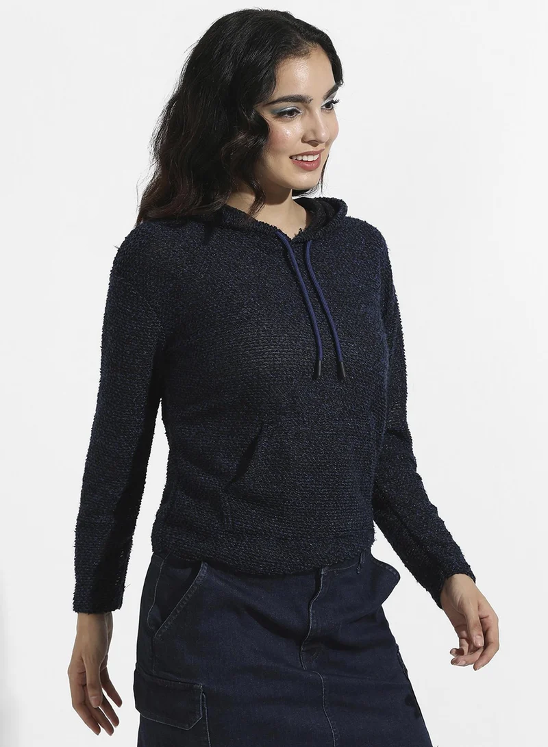 Pinacolada  Women's Navy Blue Textured-Knit Pullover Hoodie for Women | Best Price UAE