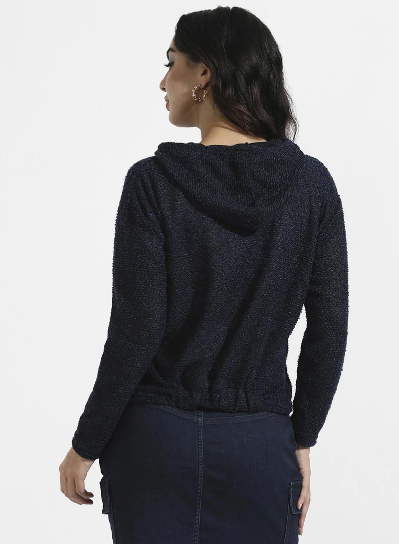 Pinacolada  Women's Navy Blue Textured-Knit Pullover Hoodie for Women | Best Price UAE