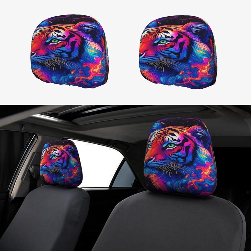 Neon Tiger Galaxy (1) Car Headrest Cover 2 Pcs Seat Head Rest Protector Auto Seat Accessories 10.2X11 in - Image 1