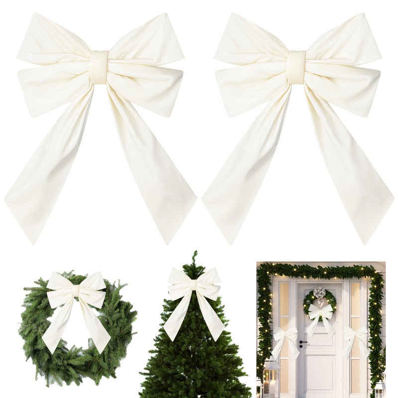 Hungdao 2 Pack Large White Wreath Bows 12x18 Waterproof Fabric Bows Outdoor Wedding Decorative Farmhouse Ornaments for Valentine Wedding Party Hanging Wall Front Indoor Decor - Image 2