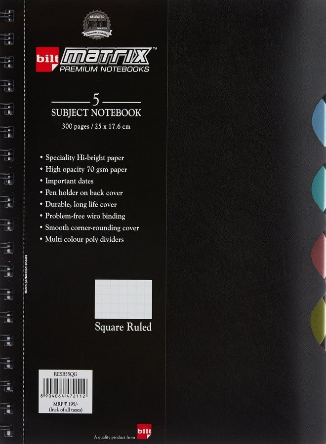 BILT Matrix Premium 5 Subject Notebook - B5, 70 GSM, 300 pages, Square Ruled - Image 1