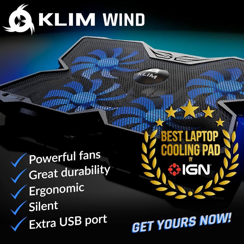 كليم وسادة تبريد لأجهزة اللابتوب Wind – تم بيع أكثر من 500,000 وحدة – موديل جديد لعام 2023 – مبرد قوي وسريع الأداء – دعامة للابتوب مزودة بـ 4 مراوح تبريد – 2 منفذ USB – مناسبة لأجهزة الكمبيوتر (PC)، الماك (Mac)، بلايستيشن 5 (PS5)، بلايستيشن 4 (PS4)، إكسبوكس وان (Xbox One) – اللون أسود/أزرق - Image 2