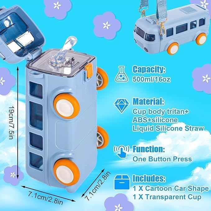 TORT Bus Water Bottle for Kid with Straw and Sticker Sport | Leakproof, Bpa Free With Lock, 500 Ml | Tritan Water Bottle For School Kids | Cute Bus Shaped Water Bottle For Girls & Boys (BLUE) - Image 3