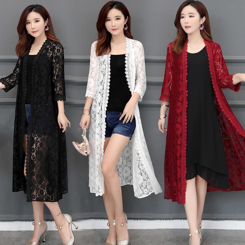 كارديجان دانتيل طويل 2021 جديد صيفي شال شبكي رقيق معطف فضفاض فوق الركبة لحماية الشمس للنساء - Image 4