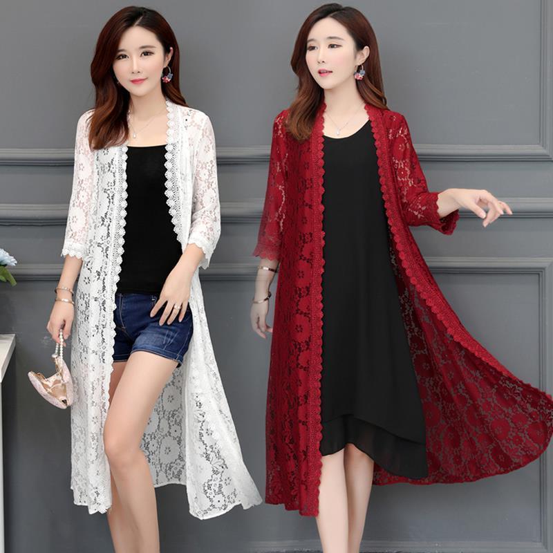 كارديجان دانتيل طويل 2021 جديد صيفي شال شبكي رقيق معطف فضفاض فوق الركبة لحماية الشمس للنساء - Image 5