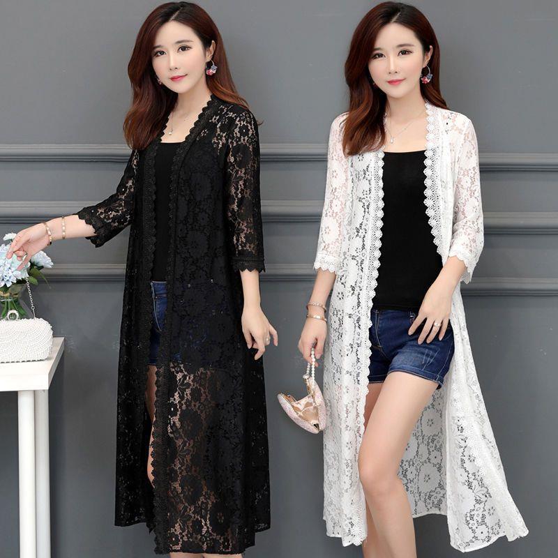 كارديجان دانتيل طويل 2021 جديد صيفي شال شبكي رقيق معطف فضفاض فوق الركبة لحماية الشمس للنساء - Image 3