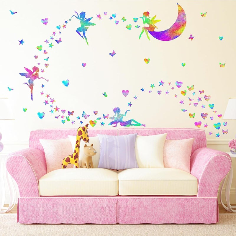 THEYGE Colorful Fairy Decals Cute Heart Butterfly Star Pink Purple Girly Peel  Stick for Girls Bedroom Nursery Decor - Image 1